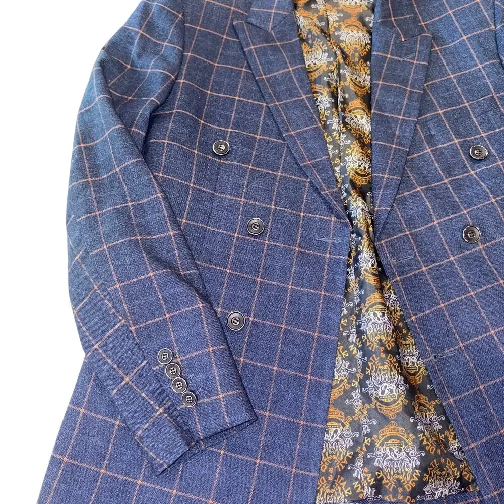 Slatl & Dean Luxury Men's Navy‎ Blue Windowpane Double Breasted Blazer Jacket
